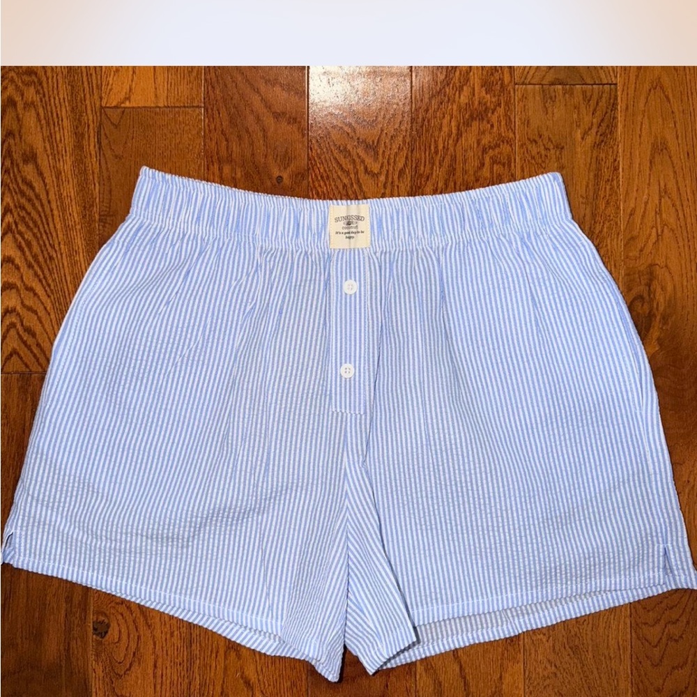 Light Blue Seersucker Boxer Style Shorts for Women
